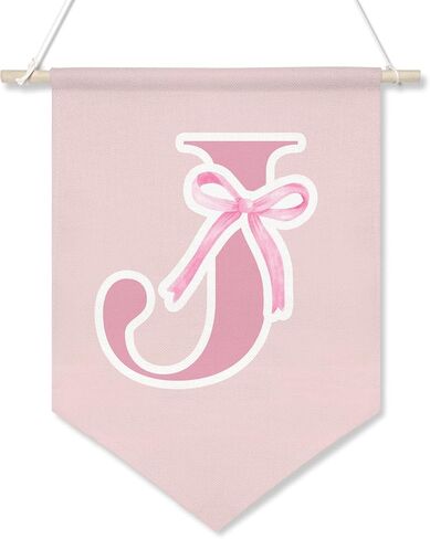 Personalized Canvas Hanging Pennant Flag Banner,Preppy Pink Bow Hanging Flag for Little Girls,Children's Room Wall Decor,Cute Monogrammed Gifts for Girls’ Bedroom,Nursery or Dorm,16x10.8In (Pink-S) in Saudi Arabia
