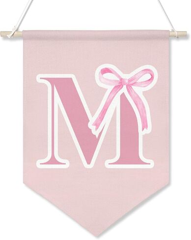 Personalized Canvas Hanging Pennant Flag Banner,Preppy Pink Bow Hanging Flag for Little Girls,Children's Room Wall Decor,Cute Monogrammed Gifts for Girls’ Bedroom,Nursery or Dorm,16x10.8In (Pink-S) in Saudi Arabia
