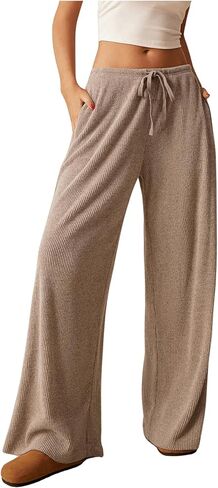 Women's Low Rise Wide Leg Pants Ribbed Knit Drawstring Waist Casual Lounge Trousers with Pockets in Kuwait