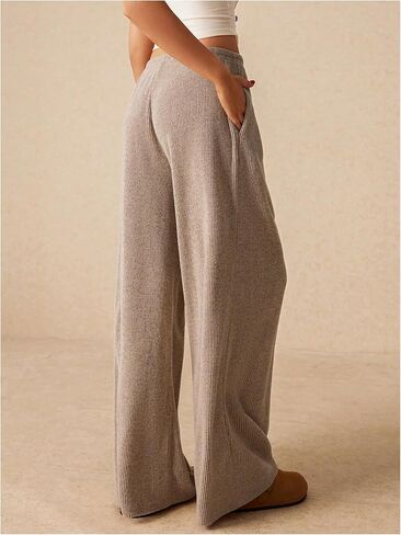 Women's Low Rise Wide Leg Pants Ribbed Knit Drawstring Waist Casual Lounge Trousers with Pockets in Saudi Arabia