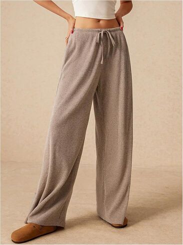 Women's Low Rise Wide Leg Pants Ribbed Knit Drawstring Waist Casual Lounge Trousers with Pockets in Saudi Arabia