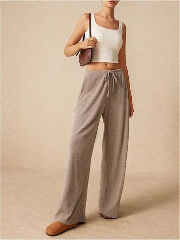 Women's Low Rise Wide Leg Pants Ribbed Knit Drawstring Waist Casual Lounge Trousers with Pockets in Saudi Arabia