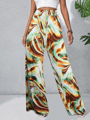 Women's Plus Size Wide-Leg Pants with Pockets,High-Waisted Boho Pants Comfy Loose Fit Trousers in Saudi Arabia