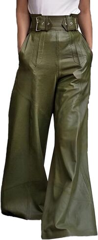 Sexyshine Women's PU Faux Leather Wide Leg Pants High Waisted Buckle Belt Loose Vintage Leather Pants Chic Clubwear in Saudi Arabia