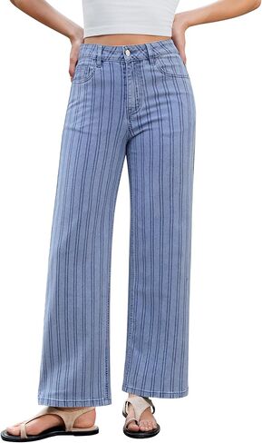 GRAPENT Striped Jeans for Women Trendy High Waisted Wide Leg Dressy Casual Slight Stretch Denim Pants Trouser Jeans in Saudi Arabia