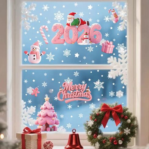 Christmas Window Decals,2026 New Year Window Clings,Snowman Snowflakes Static Window Stickers for Christmas Decorations Shop Display New Year’s Eve Supplies in Saudi Arabia