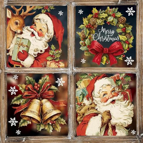 Whaline 4 Sheets Large Christmas Window Clings Santa Reindeer Holly Berry Bell Window Stickers Double-Sided Glass Decals for Winter Xmas Home Classroom Office Party Decoration in Saudi Arabia