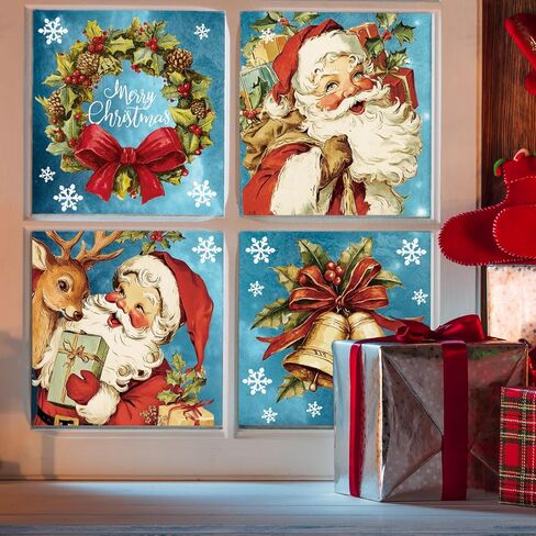 Whaline 4 Sheets Large Christmas Window Clings Santa Reindeer Holly Berry Bell Window Stickers Double-Sided Glass Decals for Winter Xmas Home Classroom Office Party Decoration in Saudi Arabia