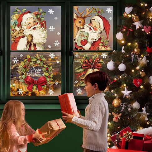 Whaline 4 Sheets Large Christmas Window Clings Santa Reindeer Holly Berry Bell Window Stickers Double-Sided Glass Decals for Winter Xmas Home Classroom Office Party Decoration in Saudi Arabia