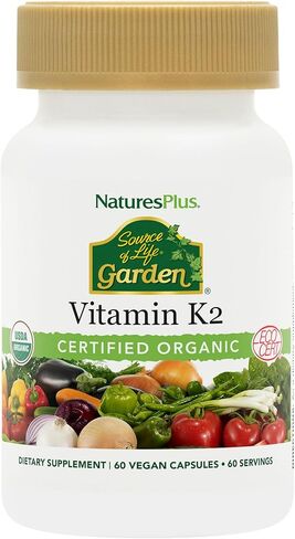 فيتامين K2 العضوي المعتمد من NaturesPlus Source of Life Garden - 120 ميكروجرام، 60 كبسولة نباتية - مكمل لصحة العظام - مع إنزيمات غذائية طبيعية كاملة - نباتي، خالي من الغلوتين - 60 حصة in Kuwait