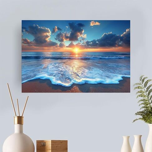 Ocean Sunset Beach Waves Vintage Rustic Canvas Wall Art - 12x18in Unframed Poster- Home & Office Decor for Living Room, Bedroom, Kitchen & Cafe in Saudi Arabia