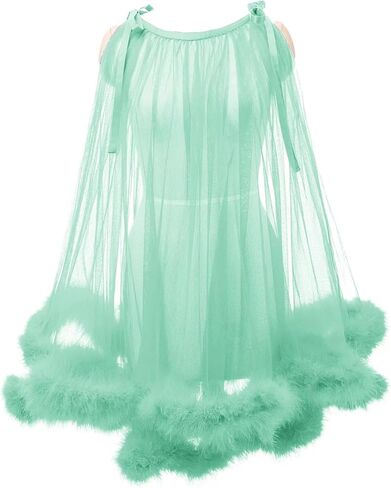 Molisa Sexy Tulle Feather Robe Sheer Mesh Fur Illusion Robe Nightgown Bridal Lingeries Gift Women Feather Trim Dress in Saudi Arabia