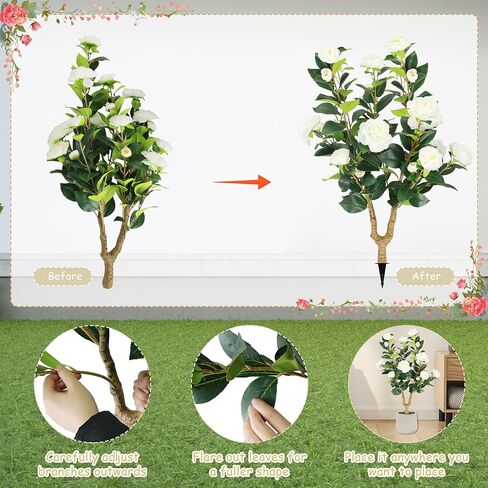Sunnyglade 2 Packs 35.5" Artificial Camellia Tree, Faux White Camellia Flowers Plant with Spike, Fake Greenery Tree for Spring Home Front Door Outdoor Indoor Decoration (White) in Saudi Arabia