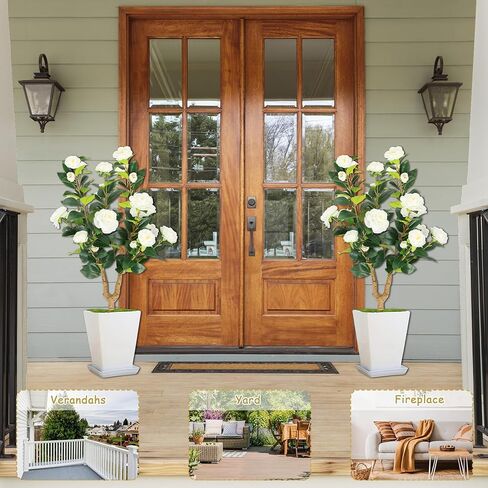 Sunnyglade 2 Packs 35.5" Artificial Camellia Tree, Faux White Camellia Flowers Plant with Spike, Fake Greenery Tree for Spring Home Front Door Outdoor Indoor Decoration (White) in Saudi Arabia