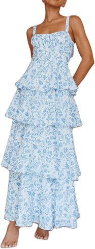 Argeousgor Womens Floral Print Maxi Dresses Tiered Ruffles Long Dress Spaghetti Strap Sleeveless Flowy Layered Sundress in Saudi Arabia