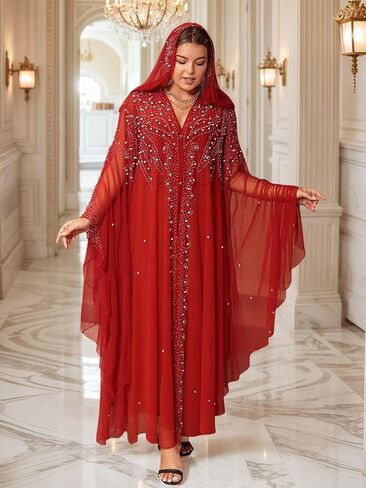 Women's Long Sleeve Ditsy Floral Jalabiya V Neck Modest Four Seasons Arabian Clothing Red in Saudi Arabia