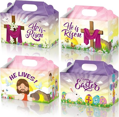 Taobary 24 PCS Easter Candy Boxes Inspiring He is Risen Sign Paper Boxes Cookie Egg Candy Goody Boxes Resurrection Cross Easter Boxes for يسوع هو لوازم مدرسة عيد الفصح الحية لمدرسة الكتاب المقدس in Kuwait