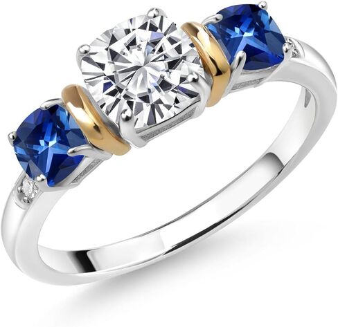 Gem Stone King 2.72 Cttw 925 Silver & 10K Yellow Gold IGI Certified Lab Grown Diamond and Created Sapphire 3 Stone Ring For Women | 1 Ct Center Cushion Cut Diamond | E-F Color VS1-VS2 Clarity in Saudi Arabia
