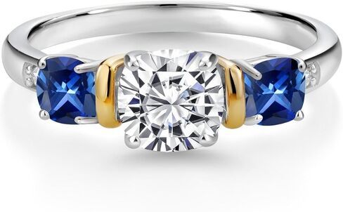 Gem Stone King 2.72 Cttw 925 Silver & 10K Yellow Gold IGI Certified Lab Grown Diamond and Created Sapphire 3 Stone Ring For Women | 1 Ct Center Cushion Cut Diamond | E-F Color VS1-VS2 Clarity in Saudi Arabia