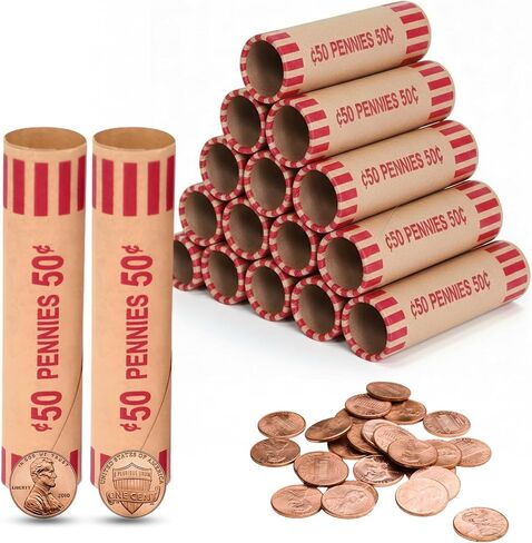 PM Company 128 Pcs Preformed Coin Wrappers Rolls — Assorted Heavy Duty Rolls Wrappers for Quarters, Pennies, Nickels, and Dimes in Kuwait