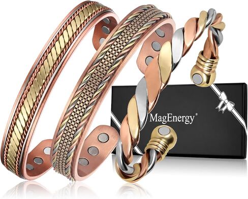 MagEnergy Copper Bracelets for Women Men, Set of 3 Pcs, Magnetic Therapy, Handmade 100% Copper Cuff Bracelet, Jewelry Gift Box in Saudi Arabia