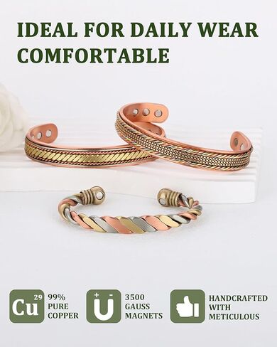 MagEnergy Copper Bracelets for Women Men, Set of 3 Pcs, Magnetic Therapy, Handmade 100% Copper Cuff Bracelet, Jewelry Gift Box in Saudi Arabia