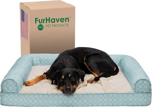 Furhaven Cozy Orthopedic Dog Bed for Medium/Small Dogs w/ Removable Bolsters & Washable Cover, For Dogs Up to 35 lbs - Plush & Diamond Print Nest Top Sofa - Aqua, Medium in Saudi Arabia