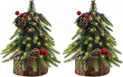 2Pack Mini Christmas Tree with Lights, 7in Lighted Xmas Tree with Pinecones and Red Berry,Battery Operated with Timer for Tabletop Desk Home Indoor in Saudi Arabia