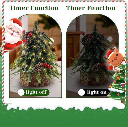 2Pack Mini Christmas Tree with Lights, 7in Lighted Xmas Tree with Pinecones and Red Berry,Battery Operated with Timer for Tabletop Desk Home Indoor in Saudi Arabia