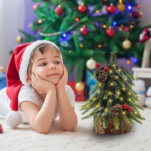 2Pack Mini Christmas Tree with Lights, 7in Lighted Xmas Tree with Pinecones and Red Berry,Battery Operated with Timer for Tabletop Desk Home Indoor in Saudi Arabia