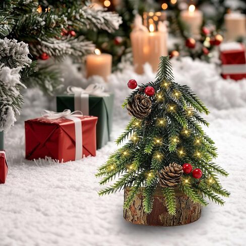 2Pack Mini Christmas Tree with Lights, 7in Lighted Xmas Tree with Pinecones and Red Berry,Battery Operated with Timer for Tabletop Desk Home Indoor in Saudi Arabia