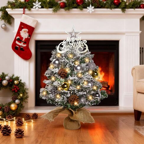 Mini Christmas Tree,24 inch Prelit Christmas Trees,Small Christmas Tree with Lights,Table Top Xmas Tree with Star Treetop and Hanging Ornament,Christmas Decorations Indoor for Home, Office, Holiday in Saudi Arabia