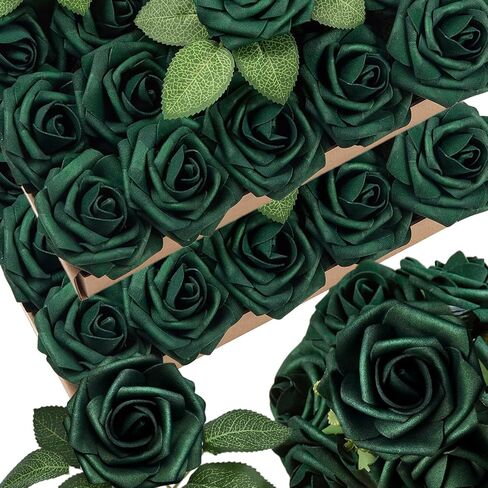 50pcs Emerald Green Artificial Flowers Foam Fake Dark Hunt Green Rose with Stems 12 Leaves Real Looking Faux Roses for Wedding Bouquets Bridal Shower Centerpieces Arrangements Party Tables Decoration in Saudi Arabia