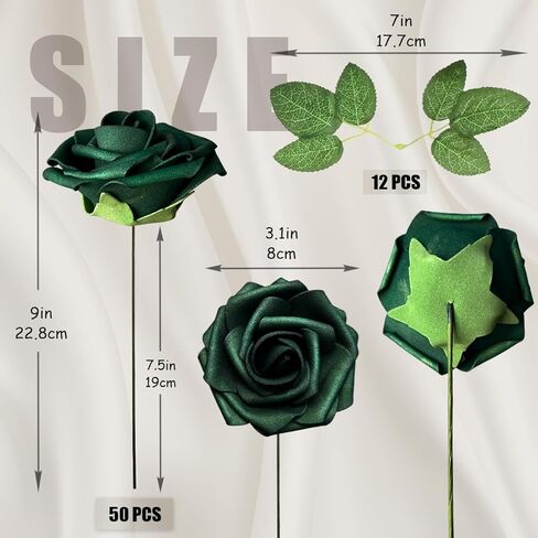 50pcs Emerald Green Artificial Flowers Foam Fake Dark Hunt Green Rose with Stems 12 Leaves Real Looking Faux Roses for Wedding Bouquets Bridal Shower Centerpieces Arrangements Party Tables Decoration in Saudi Arabia