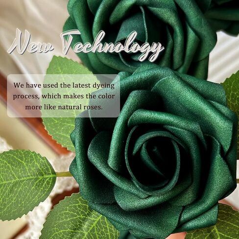 50pcs Emerald Green Artificial Flowers Foam Fake Dark Hunt Green Rose with Stems 12 Leaves Real Looking Faux Roses for Wedding Bouquets Bridal Shower Centerpieces Arrangements Party Tables Decoration in Saudi Arabia