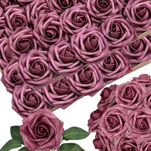 50pcs Emerald Green Artificial Flowers Foam Fake Dark Hunt Green Rose with Stems 12 Leaves Real Looking Faux Roses for Wedding Bouquets Bridal Shower Centerpieces Arrangements Party Tables Decoration in Saudi Arabia