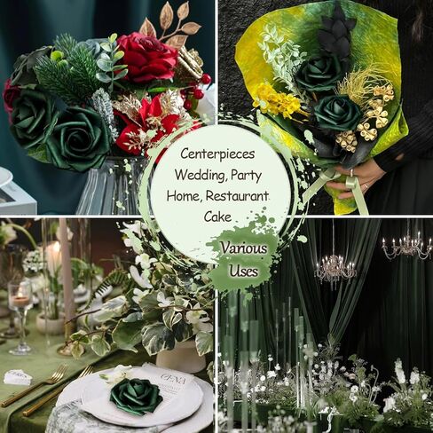 50pcs Emerald Green Artificial Flowers Foam Fake Dark Hunt Green Rose with Stems 12 Leaves Real Looking Faux Roses for Wedding Bouquets Bridal Shower Centerpieces Arrangements Party Tables Decoration in Saudi Arabia