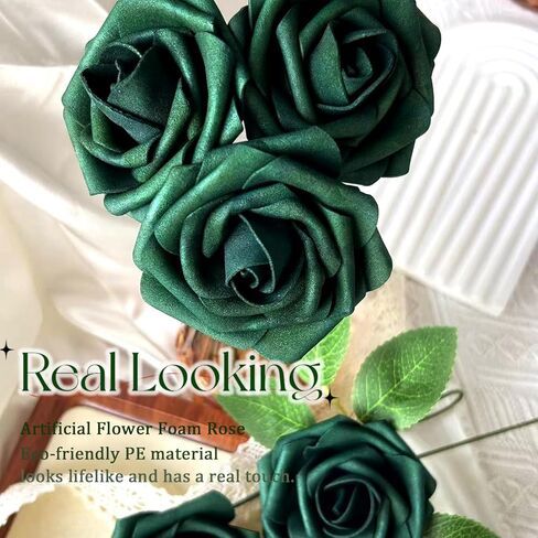 50pcs Emerald Green Artificial Flowers Foam Fake Dark Hunt Green Rose with Stems 12 Leaves Real Looking Faux Roses for Wedding Bouquets Bridal Shower Centerpieces Arrangements Party Tables Decoration in Saudi Arabia