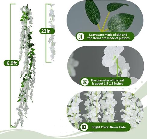 Artificial Flowers Garland for Home Decor, Fake Wisteria Vine Silk Hanging Plant Flower for Room Bathroom Wall Kitchen Bedroom Garden Outdoor Wedding Decor (4, White) in Kuwait
