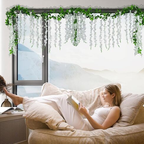 Artificial Flowers Garland for Home Decor, Fake Wisteria Vine Silk Hanging Plant Flower for Room Bathroom Wall Kitchen Bedroom Garden Outdoor Wedding Decor (4, White) in Kuwait