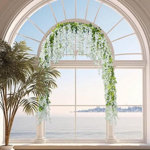 Artificial Flowers Garland for Home Decor, Fake Wisteria Vine Silk Hanging Plant Flower for Room Bathroom Wall Kitchen Bedroom Garden Outdoor Wedding Decor (4, White) in Kuwait