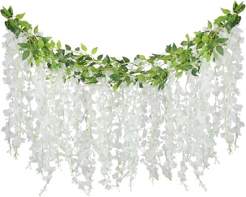 Artificial Flowers Garland for Home Decor, Fake Wisteria Vine Silk Hanging Plant Flower for Room Bathroom Wall Kitchen Bedroom Garden Outdoor Wedding Decor (4, White) in Kuwait