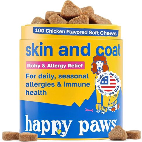 Skin and Coat Supplement for Dogs, Soft Chews with Biotin, Coconut Oil, Vitamins B & E, Organic Coral Calcium, P-18 Probiotics, Sweet Potato, Vegan, Organic, Chicken Flavored, 100 in Kuwait