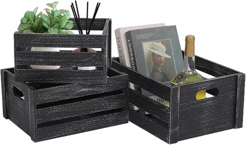 Storage Crates 3 Pack Wooden Nesting Crates with Handles,Rustic Storage Container Boxes,Farmhouse Decorative Baskets for Storage,Display,Decor,Black in Saudi Arabia