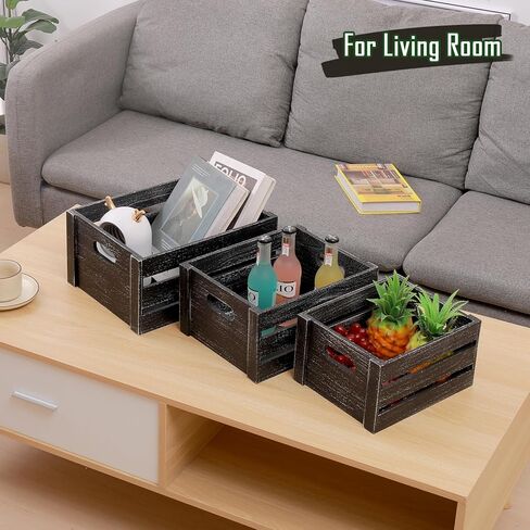 Storage Crates 3 Pack Wooden Nesting Crates with Handles,Rustic Storage Container Boxes,Farmhouse Decorative Baskets for Storage,Display,Decor,Black in Saudi Arabia
