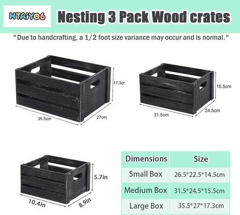 Storage Crates 3 Pack Wooden Nesting Crates with Handles,Rustic Storage Container Boxes,Farmhouse Decorative Baskets for Storage,Display,Decor,Black in Saudi Arabia