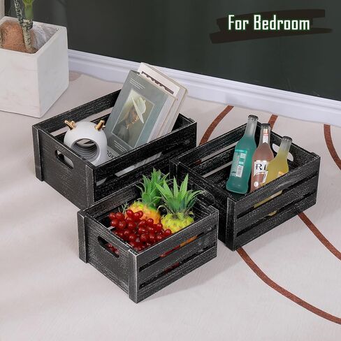 Storage Crates 3 Pack Wooden Nesting Crates with Handles,Rustic Storage Container Boxes,Farmhouse Decorative Baskets for Storage,Display,Decor,Black in Saudi Arabia