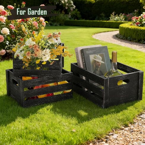 Storage Crates 3 Pack Wooden Nesting Crates with Handles,Rustic Storage Container Boxes,Farmhouse Decorative Baskets for Storage,Display,Decor,Black in Saudi Arabia