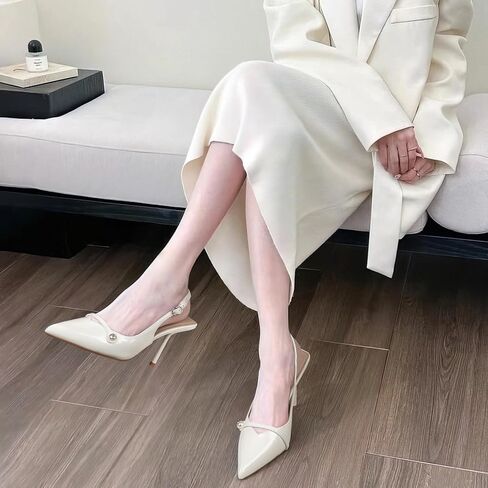 Women's Slingback Heels Closed Toe Pointed Stiletto High Heel Pumps Elegant Dress Shoes for Wedding Party Bride with Pearl in Saudi Arabia