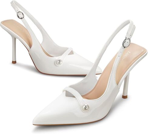 Women's Slingback Heels Closed Toe Pointed Stiletto High Heel Pumps Elegant Dress Shoes for Wedding Party Bride with Pearl in Saudi Arabia